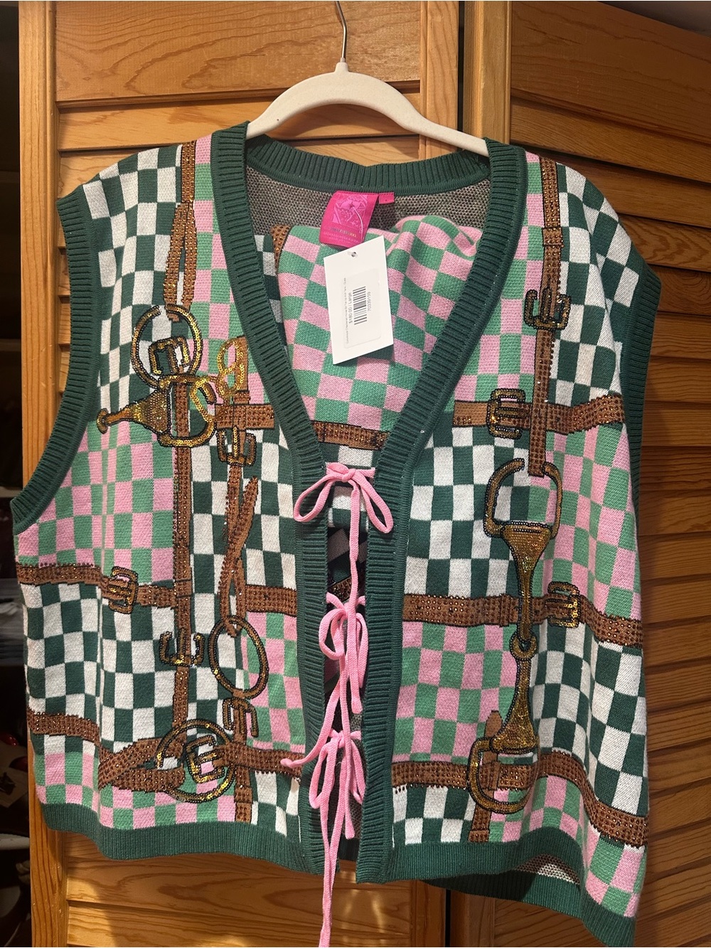 QUEEN OF SPARKLES Pink & Green Checkerboard Knit SET with Bridle Print derby